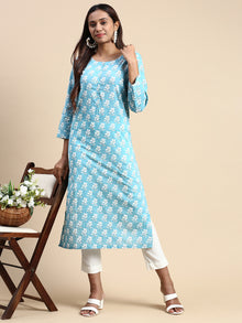 Cotton Flower Printed Round Neck Straight Cut Blue Kurti PK27