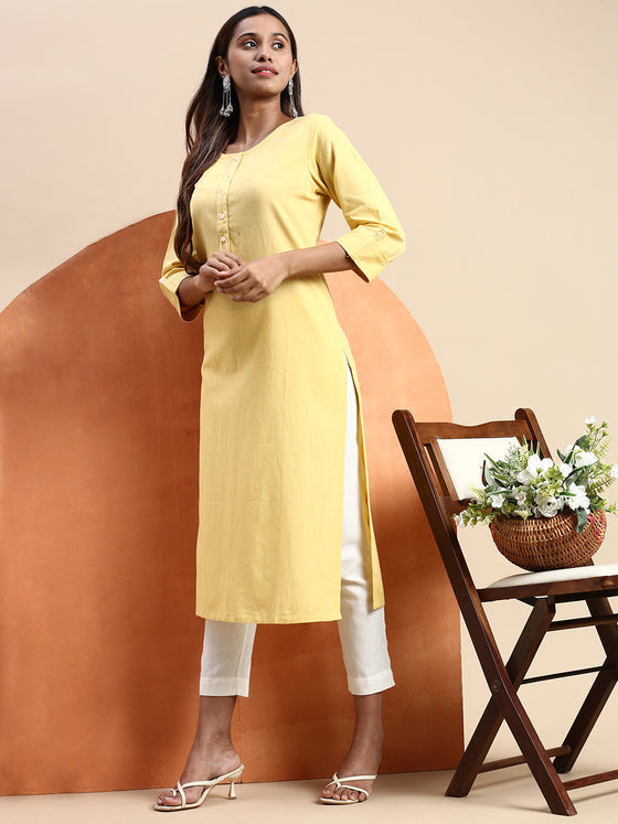 Cotton Plain Round Neck Straight Cut Yellow Kurti CPK05