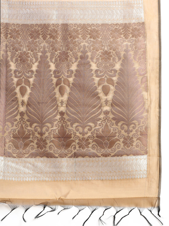 Stylish Silver Jari Khaki Flower Design Semi Kora Cotton Saree SK83