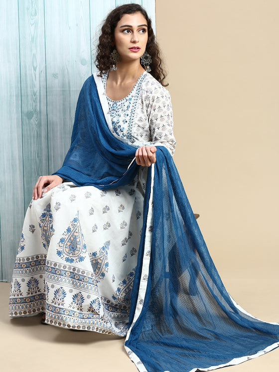 Beautiful White with Blue Printed & Embroidered Kurti Set PKS03