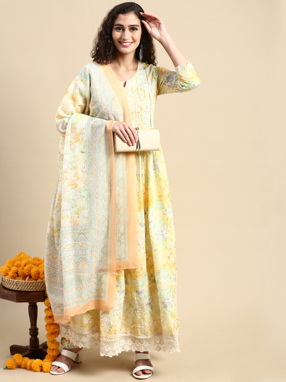 Beautiful Yellow Printed & Embroidered Kurti Set PKS05