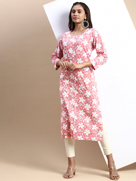 Cotton Printed Round Neck Straight Cut Pink Kurti PK24