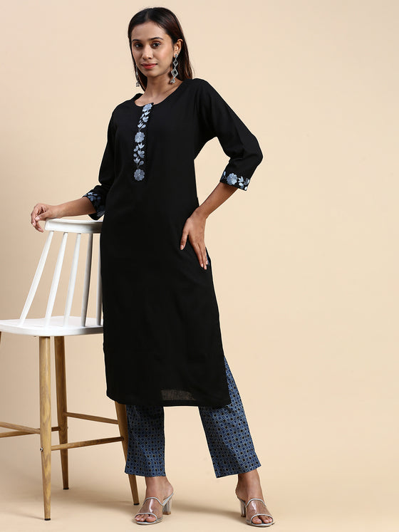Cotton Embroidered Round Neck Straight Cut Black & Blue Kurti Set EKS01