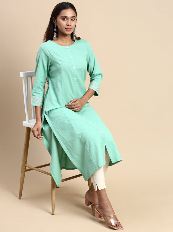 Cotton Plain Mandarin Collar Straight Cut Green Kurti CPK04
