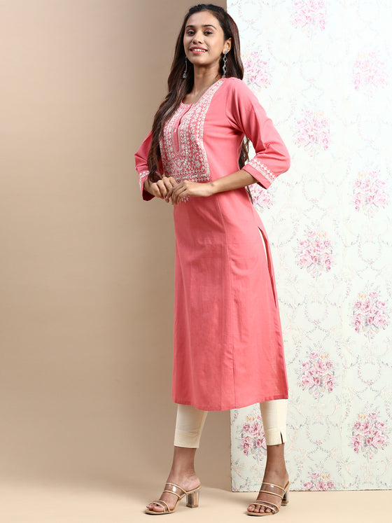 Cotton Embroidered Round Neck Straight Cut Pink Kurti EK27