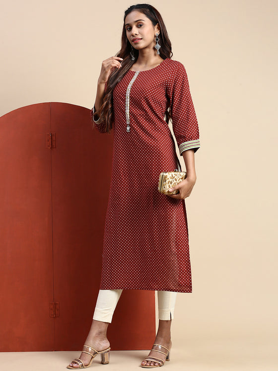 Cotton Printed Round Neck Straight Cut Brown Kurti PK29