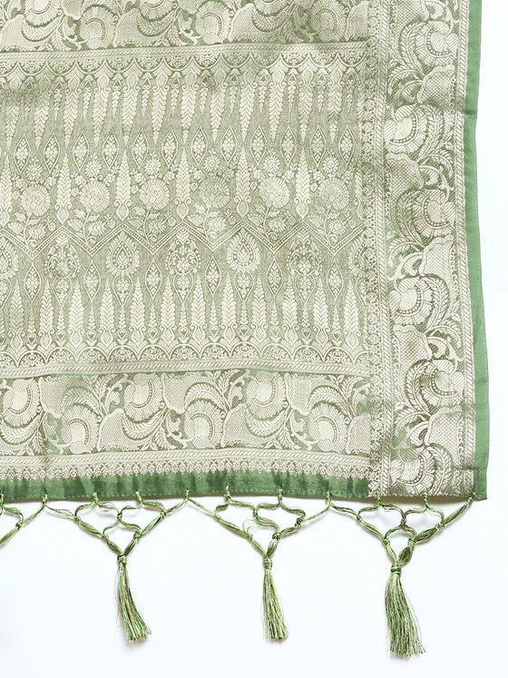 Beautiful Dola Silk Green Flower Digital Print with Jari Border Sarees DS02