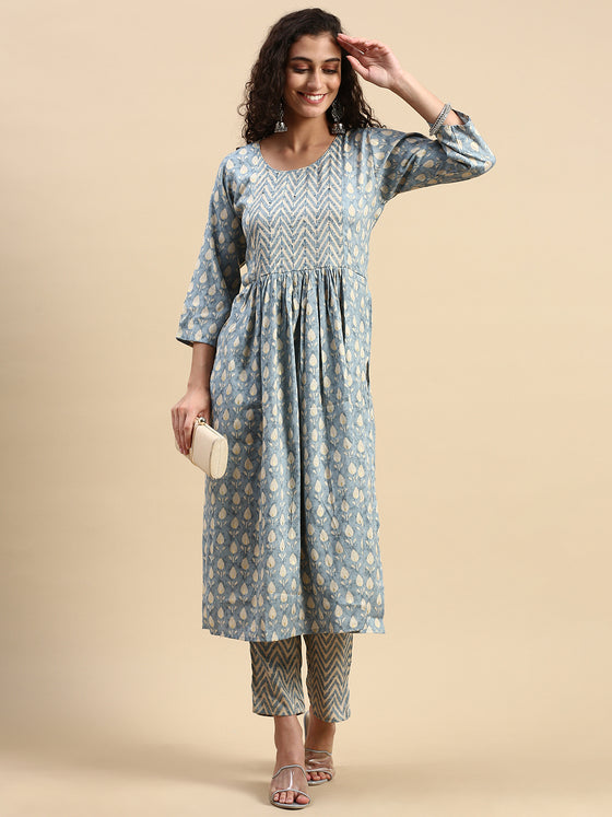 Cotton Printed Kurti Set Blue & Sandal PK06