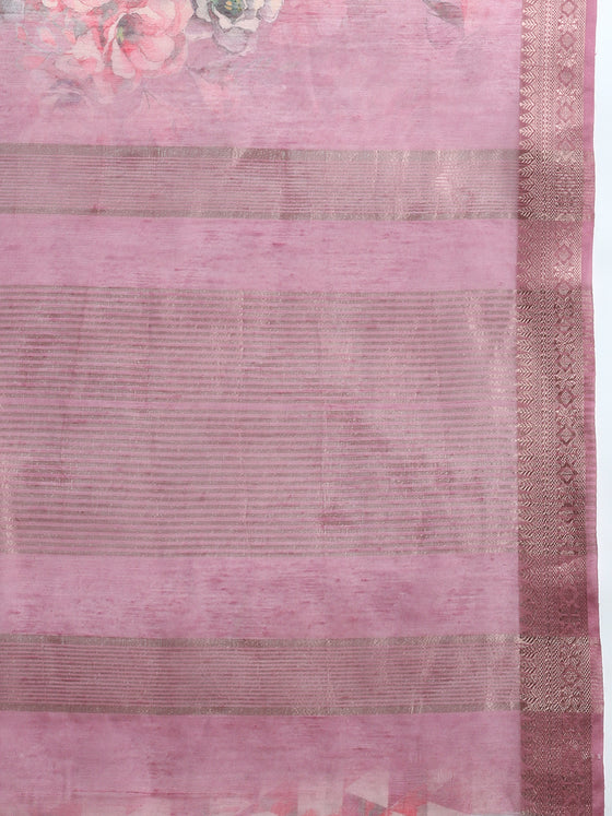 Semi Organza Lavender and Orange Flower Printed with Jari Border Saree SOS05