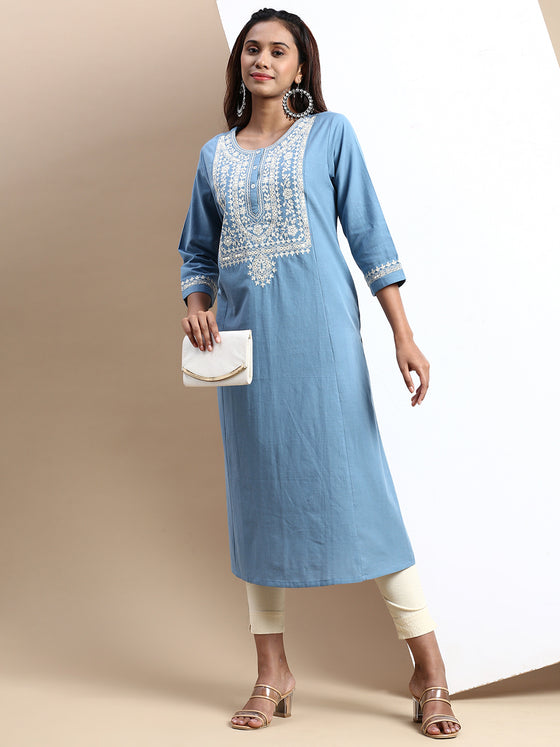 Cotton Embroidered Round Neck Straight Cut Blue Kurti EK26