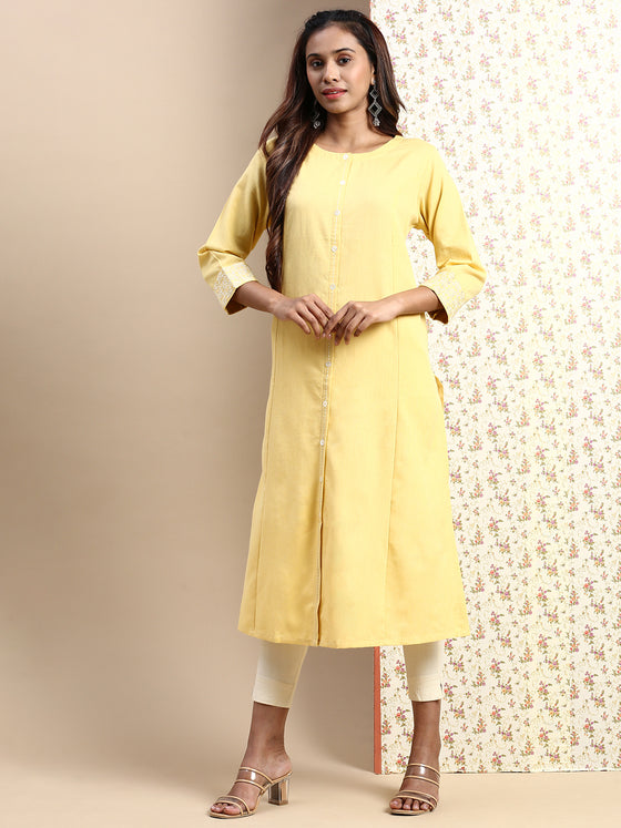 Cotton Plain Round Neck Straight Cut Yellow Kurti CPK03