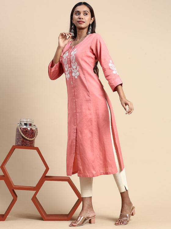 Cotton Embroidered Round Neck Straight Cut Pink Kurti EK33