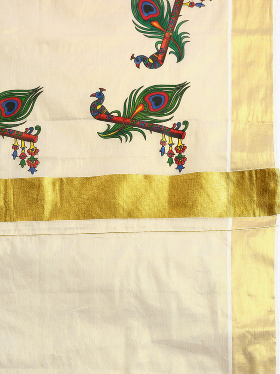 Kerala Tissue Peacock & Flute Printed Gold Jari Border Saree OKS36 Onam Collection