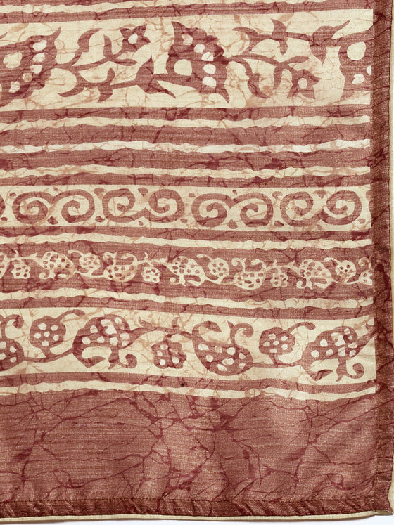 Semi Cotton Brown and Sandal Flower Printed Saree SCS25