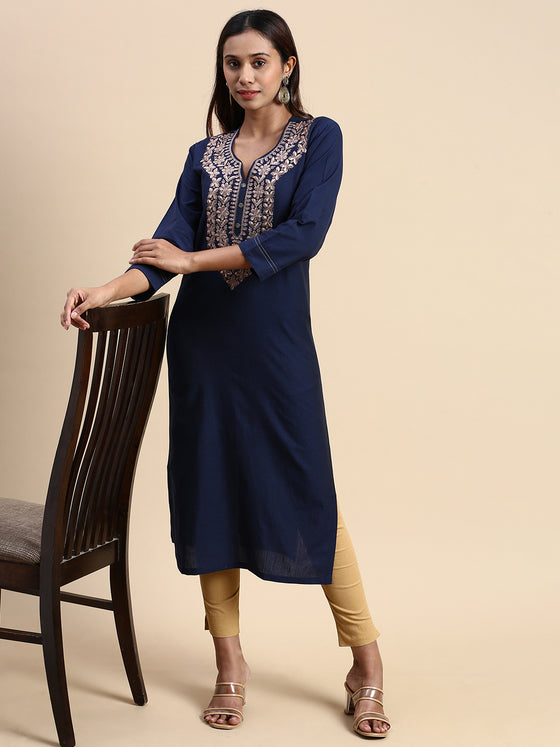 Cotton Embroidered V Neck Straight Cut Navy Kurti EK31