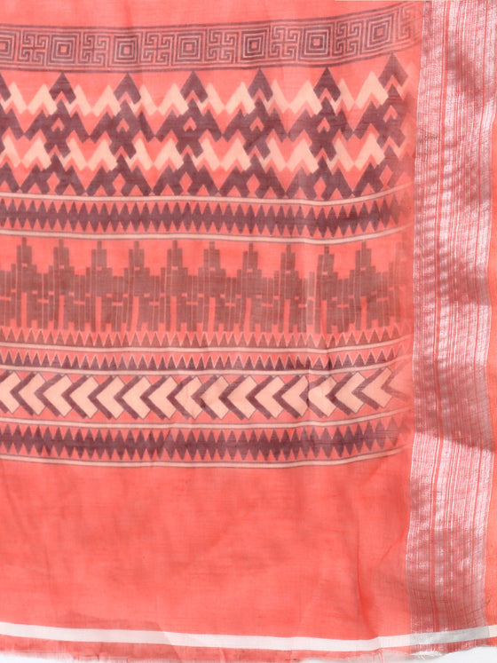 Digital Print Orange & Pink Mixed Semi Linen Saree SL12