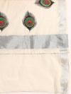 Kerala Off White Peacock Feather Design Printed Silver Jari Saree OKS03