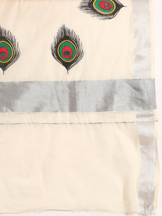 Kerala Off White Peacock Feather Design Printed Silver Jari Saree OKS03