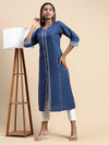Cotton Printed Round Neck Straight Cut Navy Kurti PK31