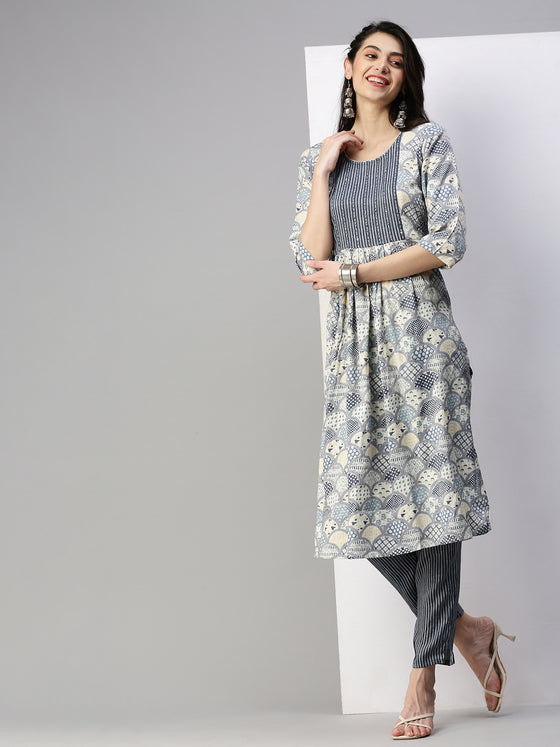 Cotton Printed Kurti Set Navy & Sandal PK05