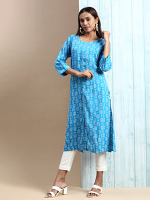  Cotton Flower Printed Round Neck Straight Cut Blue Kurti PK28