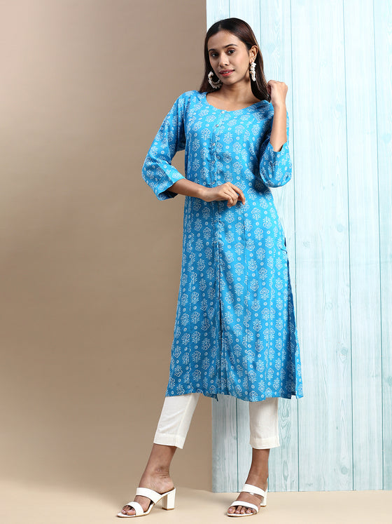 Cotton Flower Printed Round Neck Straight Cut Blue Kurti PK28
