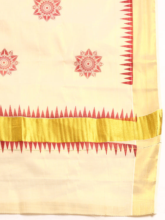 Kerala Tissue Flower Printed Gold Jari & Maroon Border Saree OKS15