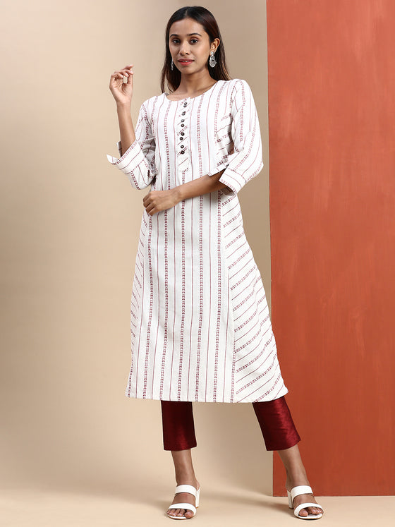 Cotton Embroidered Mandarin Collar Straight Cut Off White Kurti EK38