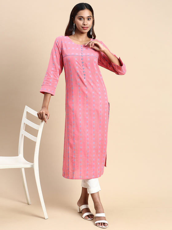 Cotton Embroidered Round Neck Straight Cut Pink Kurti EK40