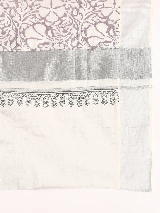 Kerala Tissue Printed Silver Jari Border Saree OKS34 Onam Collection
