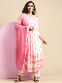  Beautiful White with Pink Printed & Embroidered Kurti Set PKS06