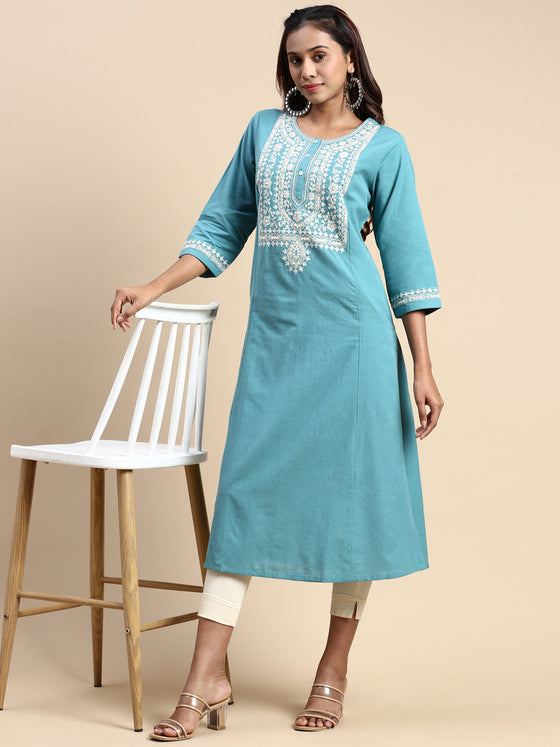 Cotton Embroidered Round Neck Straight Cut Green Kurti EK23