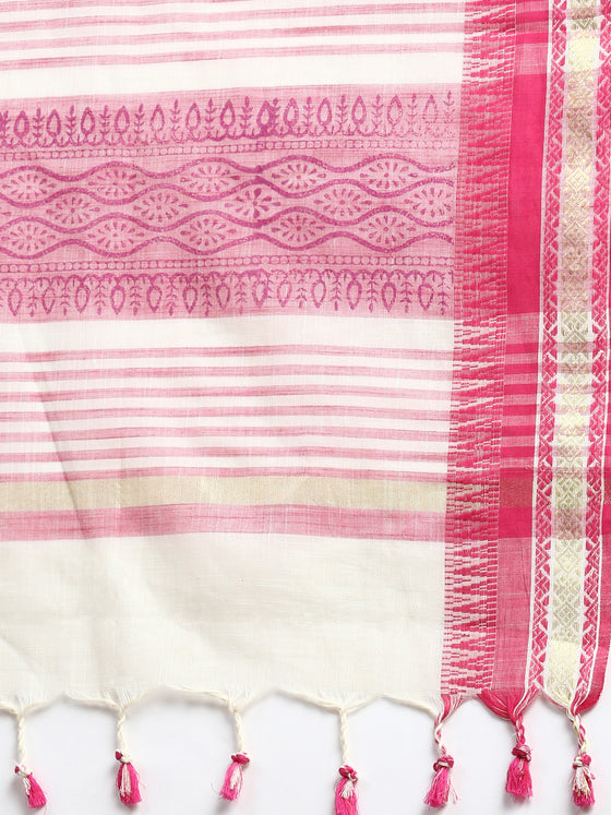 Semi Cotton Printed Saree White and Pink SCS08
