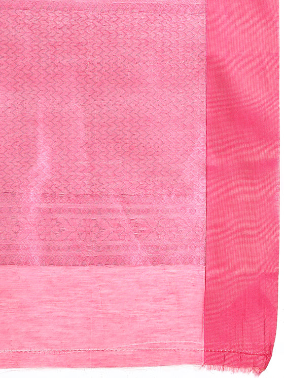 Stylish Grayish Blue with Contrast Pink Border Semi Kora Cotton Saree SK86