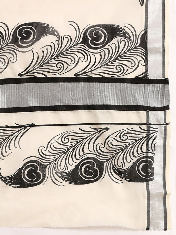 Kerala Cream Peacock Feather Printed Saree with Silver Zari Border OKS30 Onam Collection