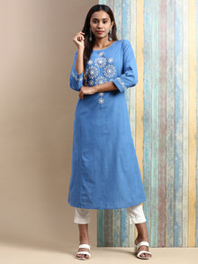  Cotton Embroidered Round Neck Straight Cut Blue Kurti EK37