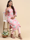 Cotton Pink & Grey Round Neck Straight Cut Printed Kurti PK32