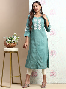  Cotton Embroidered Round Neck Straight Cut Green Kurti EK32