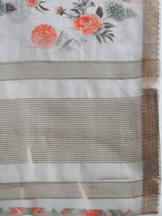 Semi Organza Grey Flower Printed with Jari Border Saree SOS02