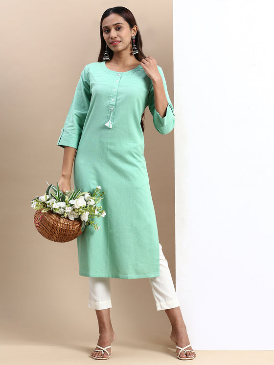 Cotton Plain Round Neck Straight Cut Green Kurti CPK02