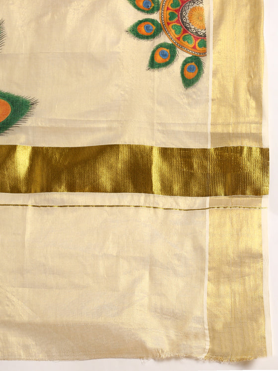 Kerala Tissue Peacock Feather Printed Gold Jari Border Saree OKS35 Onam Collection
