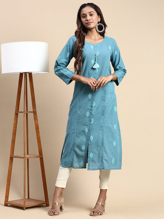 Cotton Embroidered Round Neck Straight Cut Greenish Blue Kurti EK29