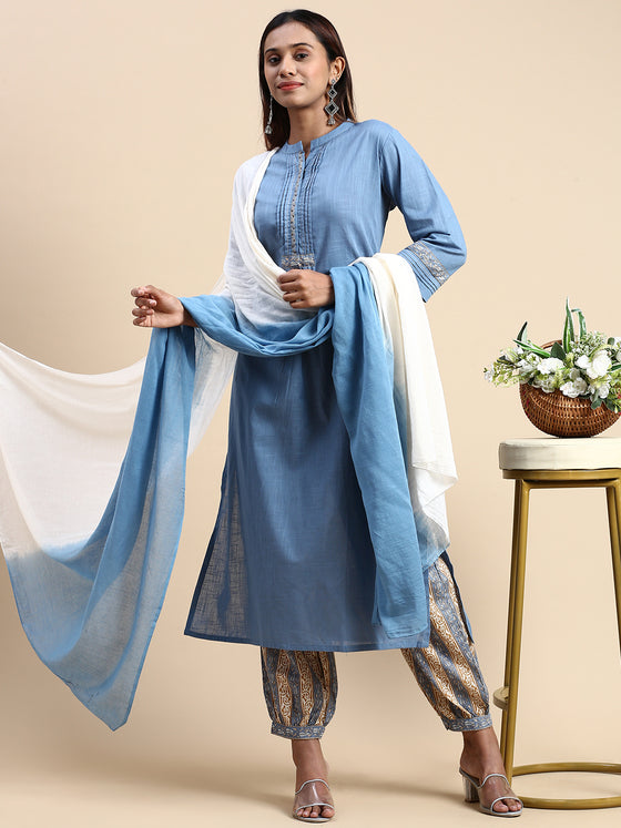 Cotton Blue & Brown Collar Neck Straight Cut Printed Kurti Set PKS10