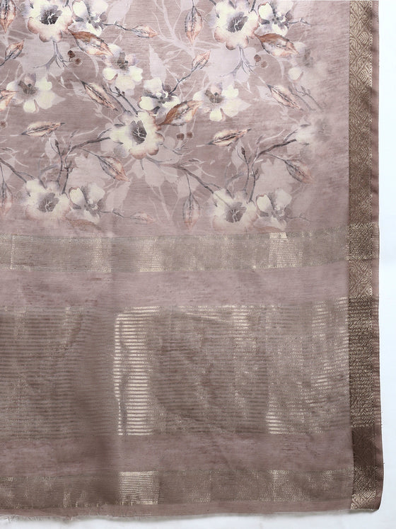 Semi Linen Flower Digital Brown & Dark Grey Saree SL61