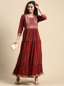  Elegant Embroidered and Printed Red & Sandal Umbrella Kurti EK20