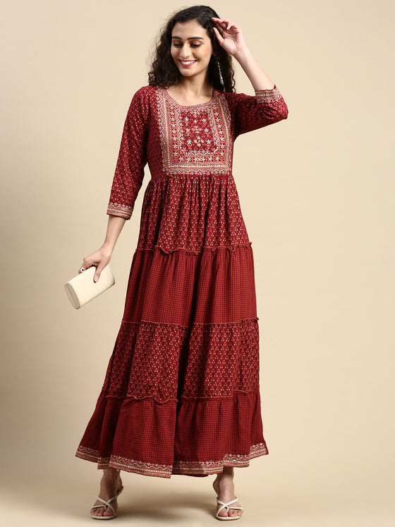 Elegant Embroidered and Printed Red & Sandal Umbrella Kurti EK20