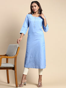  Cotton Plain Round Neck Straight Cut Blue Kurti CPK01