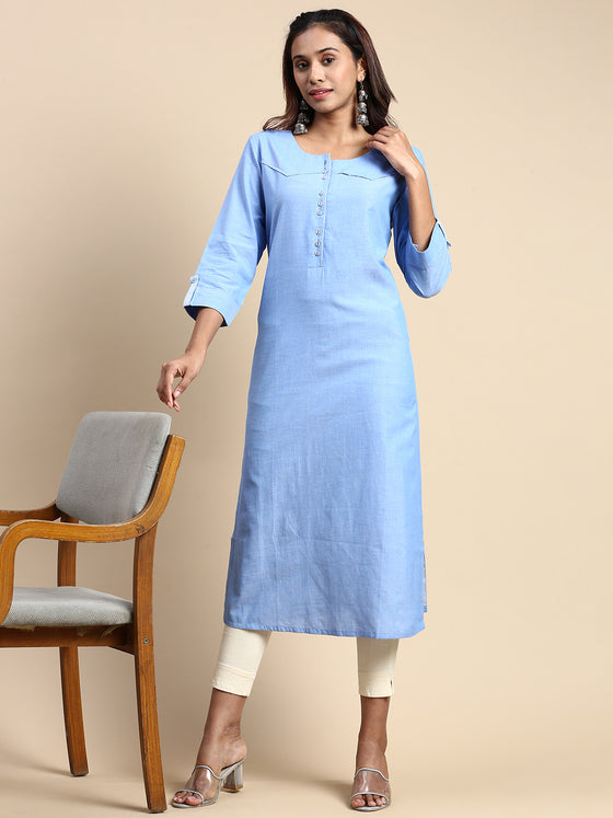 Cotton Plain Round Neck Straight Cut Blue Kurti CPK01