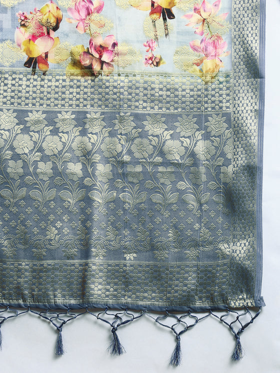 Semi Tussar Grey Flower Printed Saree with Tassels STP17