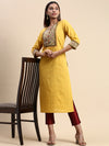 Cotton Printed Round Neck Straight Cut Mustard Kurti PK30
